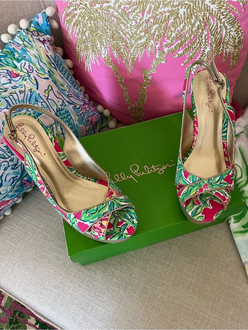 Lilly Pulitzer Pink & Green Tropical Peep-Toe Wedge Sandals